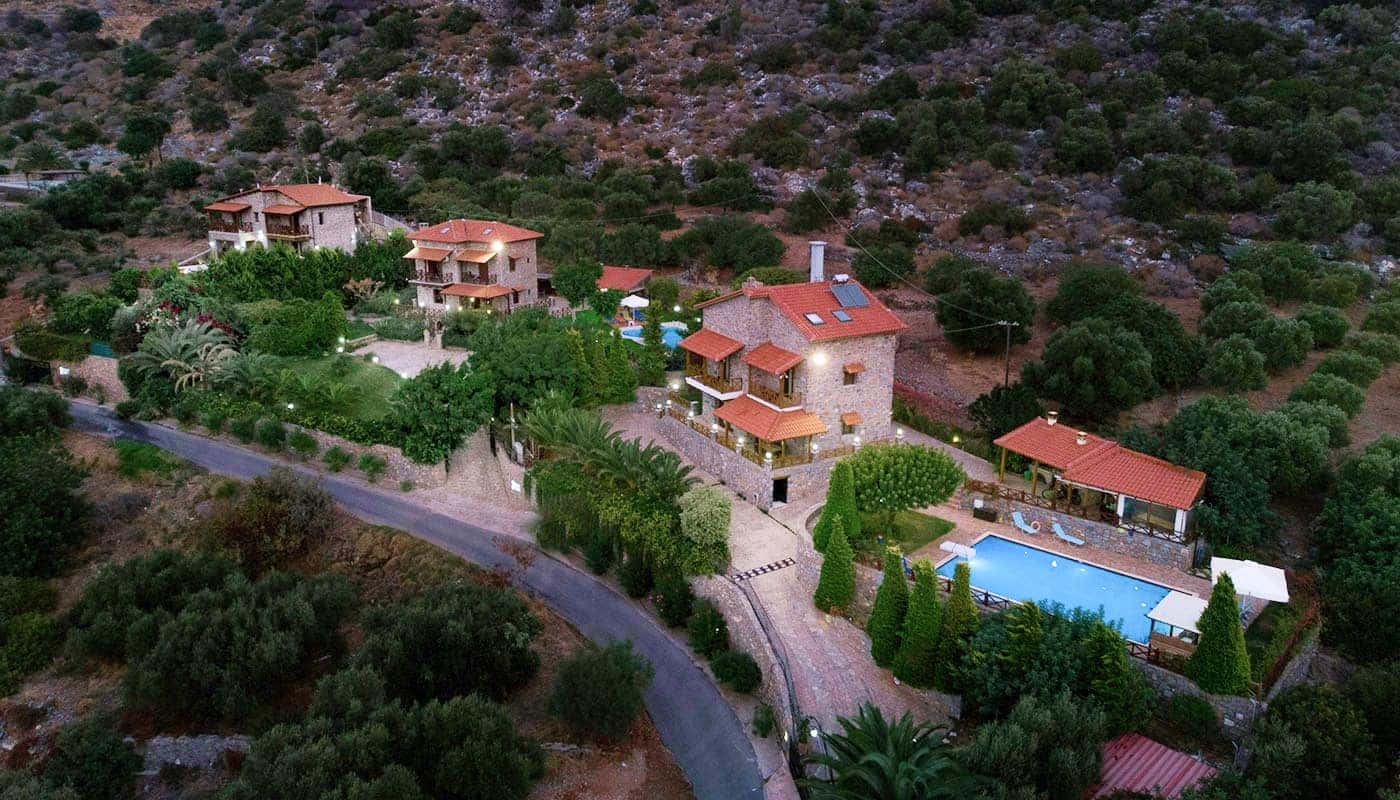 Aerial view of Petra Villas complex in Cretan landscape